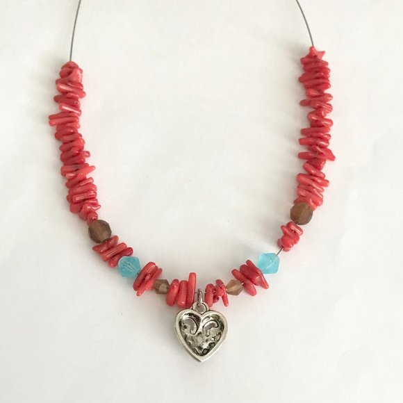 Vintage Fleur de Lis Heart Charm Necklace Choker Red Coral Saints Mardi Gras - Picture 10 of 12